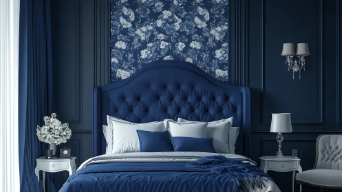 Cozy navy bedroom retreat with plush bedding and soft light.