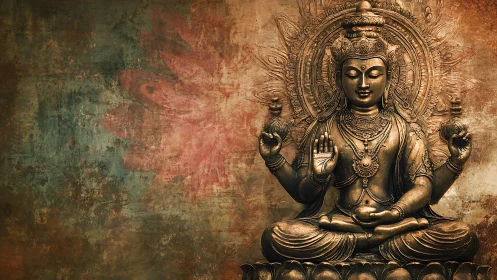 Bronze multi-armed bodhisattva statue against textured patina wall