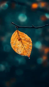 Single wet orange leaf on branch against teal soft bokeh.