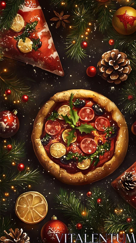 Holiday-themed pizza arrangement with pine branches and decor.