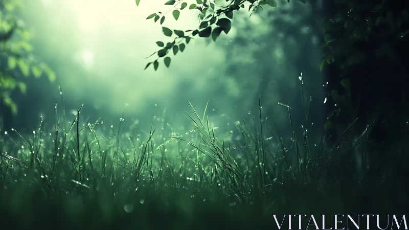 Dewy Morning Grass in Sunlit Forest, Soft Focus Nature Scene.
