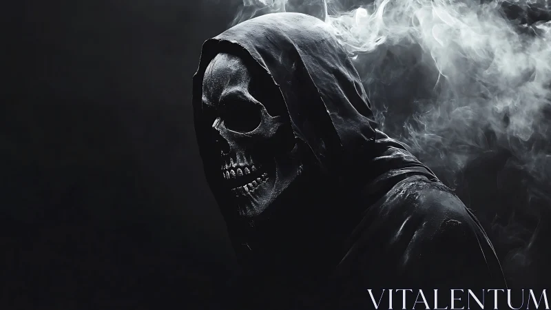 Hooded skull figure emerges from dense swirling smoke