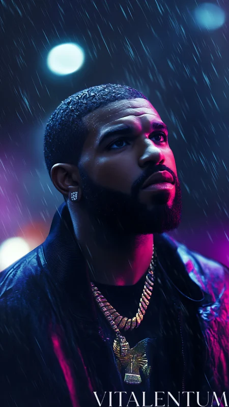 Male subject under neon rain lighting is captured in profile