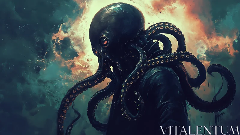 Octopus headed humanoid against stormy burning sky.