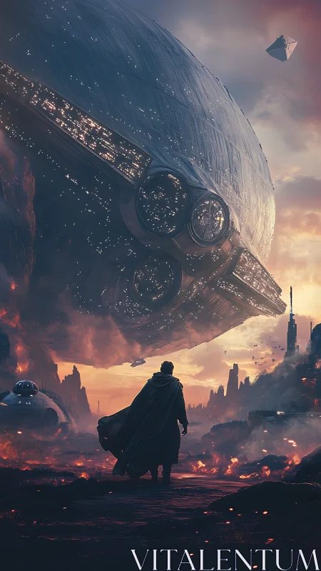 Digital painting of colossal starship above ruined lava city.