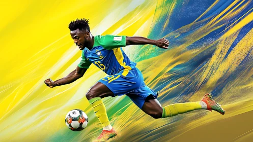 Dynamic digital painting of Brazilian soccer striker in motion.