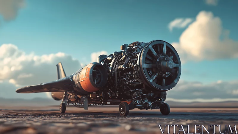 Deconstructed radial aircraft engine on desert runway at sunset