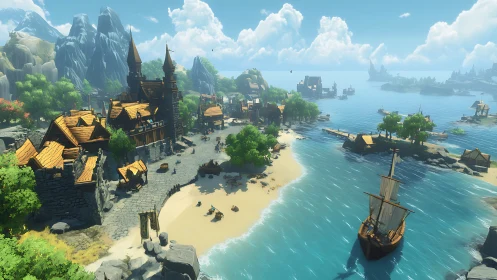 Sunlit medieval coastal village rendered in stylized 3D.