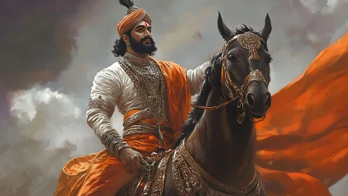 Storm-lit warrior prince steadies his jeweled black steed