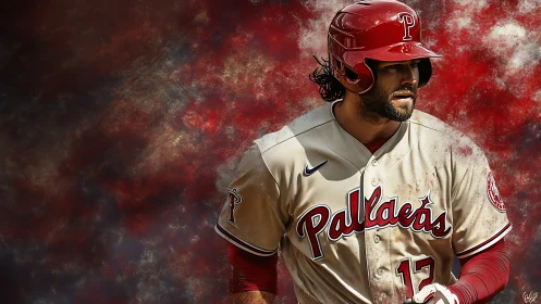 Baseball player runs forward against abstract red backdrop