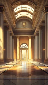 Sunlit neoclassical hall glows with grand architectural grace