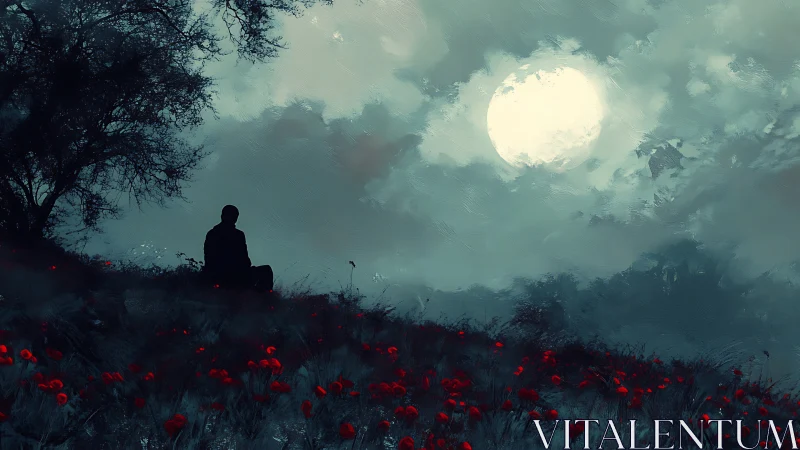 Moonlit wanderer adrift in crimson-dusted twilight bloom.