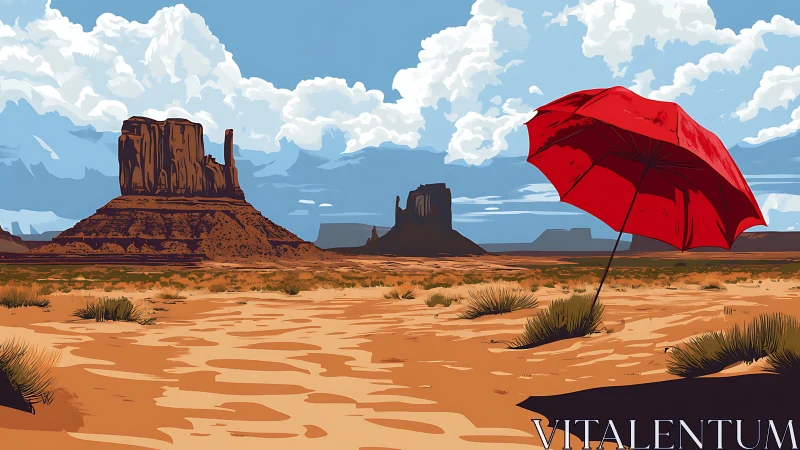 Scarlet umbrella contrasting stylized mesas in arid desert panorama.