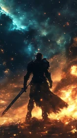 Star-forged warrior stalks the burning edge of a newborn sky