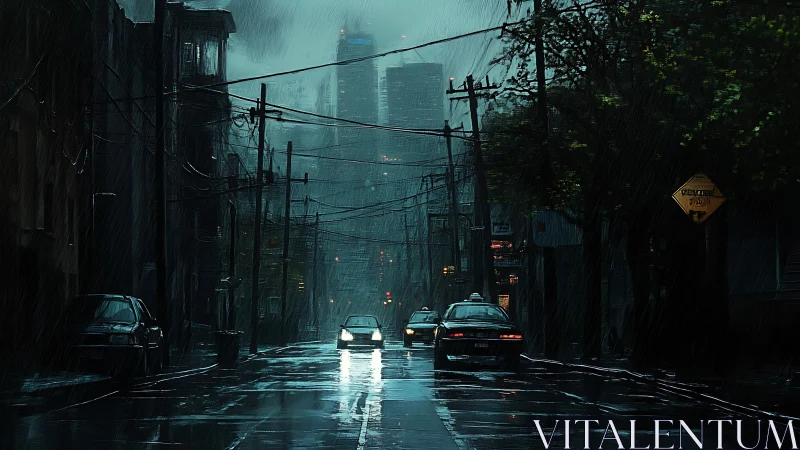 Noir cyberpunk rain-soaked urban street with distant skyline.
