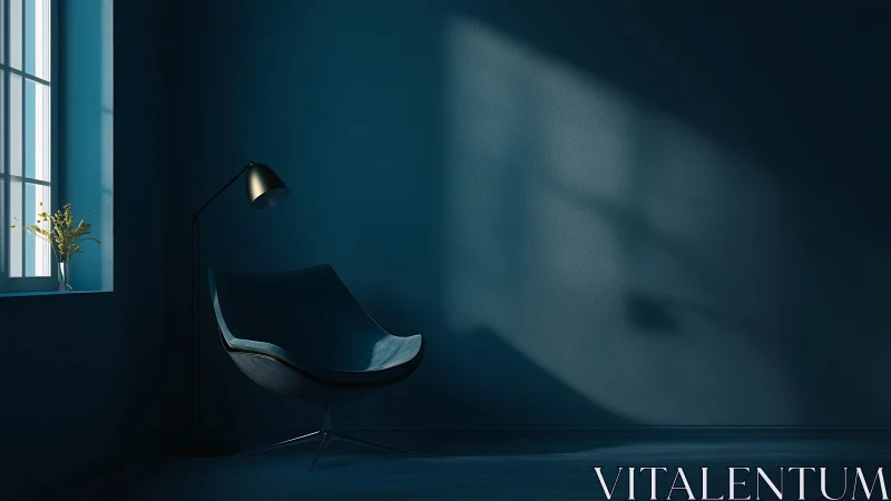 Curved lounge chair and floor lamp in low window light scene