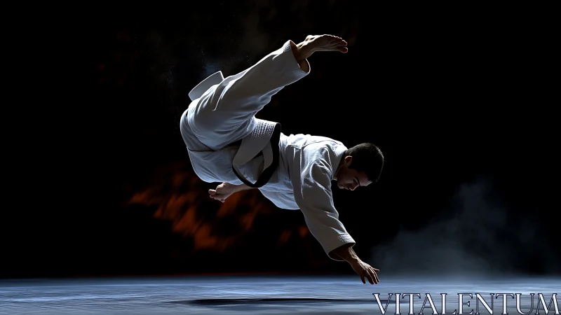 Martial artist mid-air throw under dramatic spotlight.