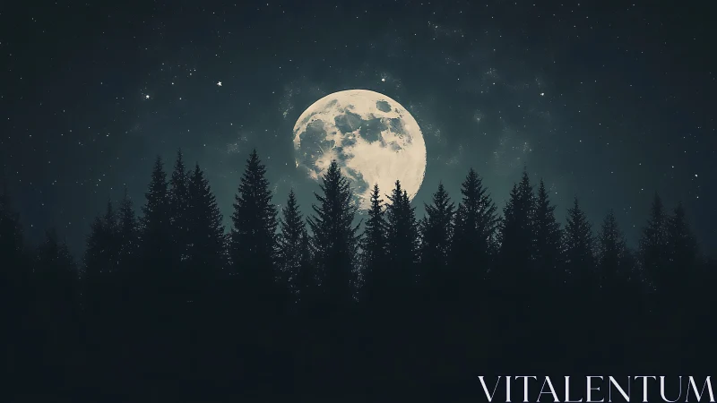 Full moon crowns a dark evergreen forest at midnight.