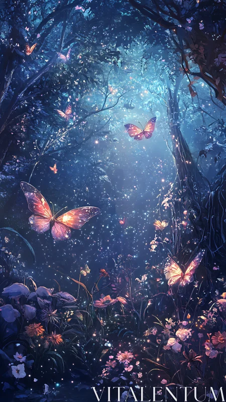 Bioluminescent butterflies traverse a luminous nocturnal forest