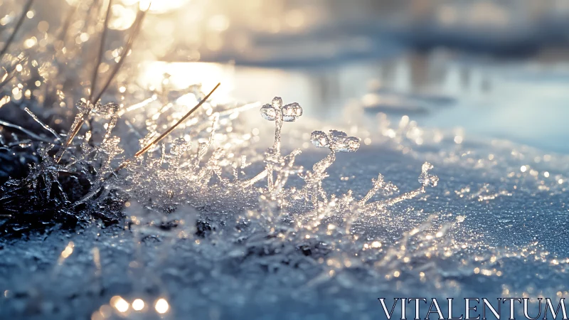 Glittering ice crystals on winter ground at sunrise glow.