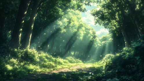 Enchanted Forest Cathedral with Crepuscular Rays and Verdant Undergrowth