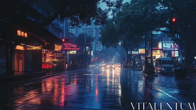 Rain soaked city street reflects neon signage and headlights