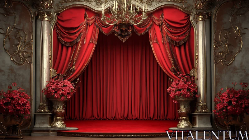 Red velvet theater stage with ornate gold decor and flowers.