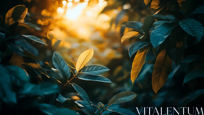 Sunlit Green Leaves in Lush Forest, Soft Focus Nature Art.