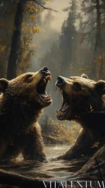 Roaring grizzlies clash in misty autumn forest stream scene.
