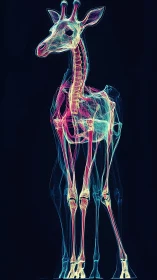 Neon wireframe giraffe glows against a deep cosmic void