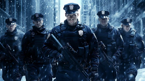 Urban tactical police line advancing through snowfall.