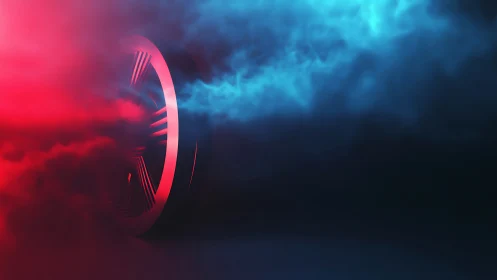 Bold turbine wheel glows through swirling red and blue mist