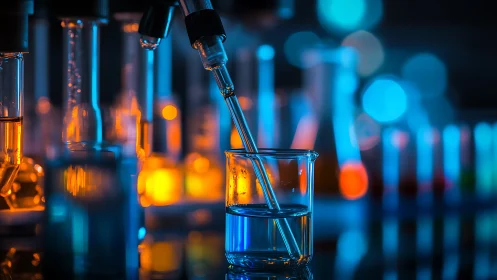 Glow-lit lab beakers and pipette in a cozy science nightscape.