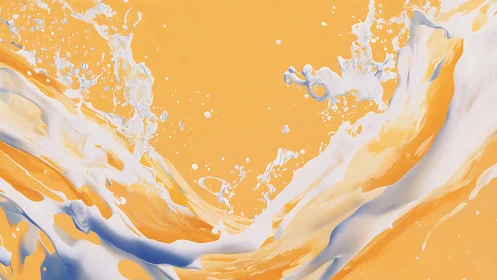 Dynamic white and orange liquid splash on solid backdrop.