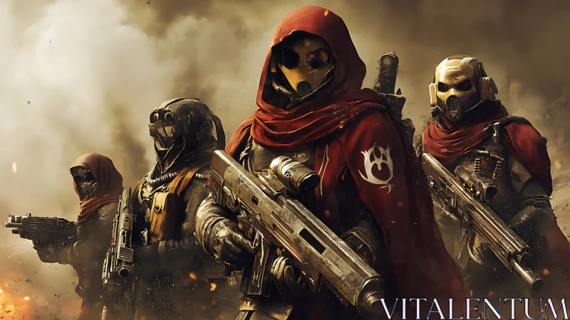 Armored soldiers with red cloaks in smoky battlefield scene.