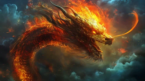 Volcanic fire dragon serpentine profile in storm clouds