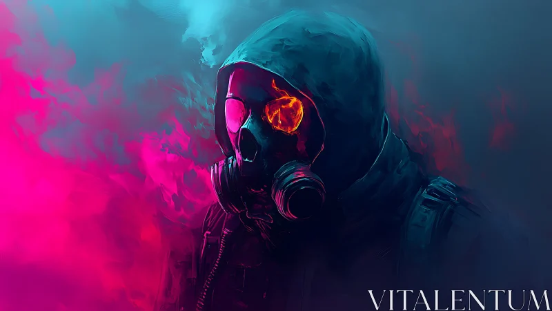 Hooded gasmask drifter stalks through electric neon smoke.