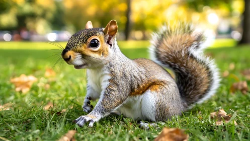 Gray squirrel on grass in park with blurred autumn trees.