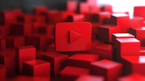 YouTube Play Button Icon on 3D Red Cubes, Modern Digital Art.