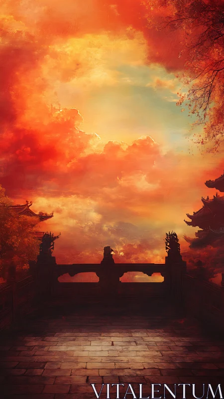 Sunset clouds crown a silent temple terrace in ember light