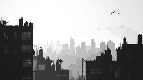 Monochrome urban skyline layers with silhouetted rooftops at dawn.
