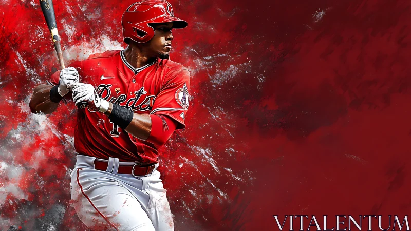 Swing-ready baseball star in bold red motion and energy.