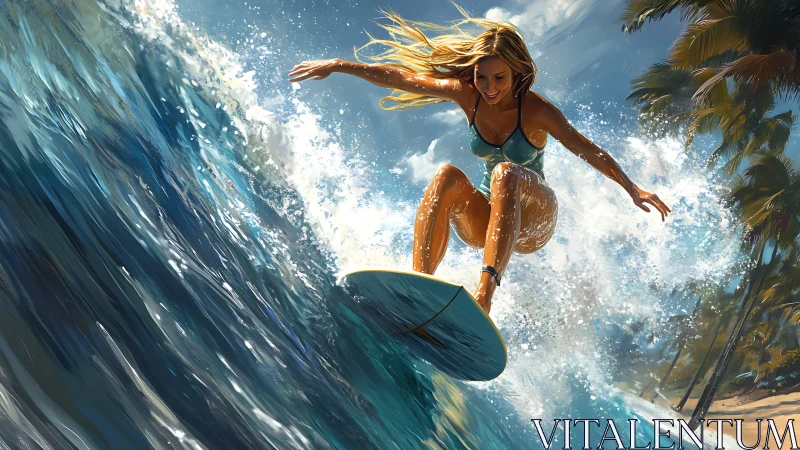 Surfer riding powerful blue wave near tropical beach.