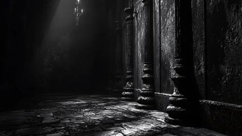 Dim stone corridor with worn columns and overhead chandelier.