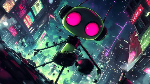 Neon eyed cartoon robot in tilted cyberpunk city street.