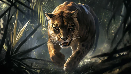 Predatory feline emerges through filtered jungle light and vegetation layering