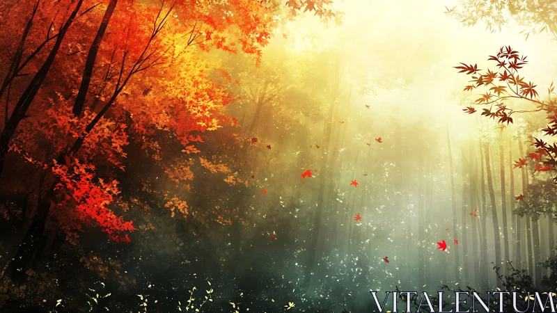 Autumn canopy dissolves into luminous backlit forest mist