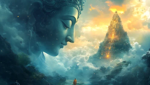 Mystic deity visage above luminous temple peak.