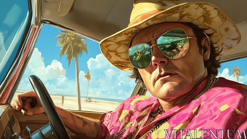Man in car with beach view and mirrored sunglasses.