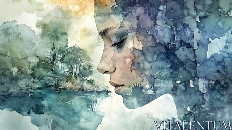Profiled female portrait merging with ethereal lakeside forest